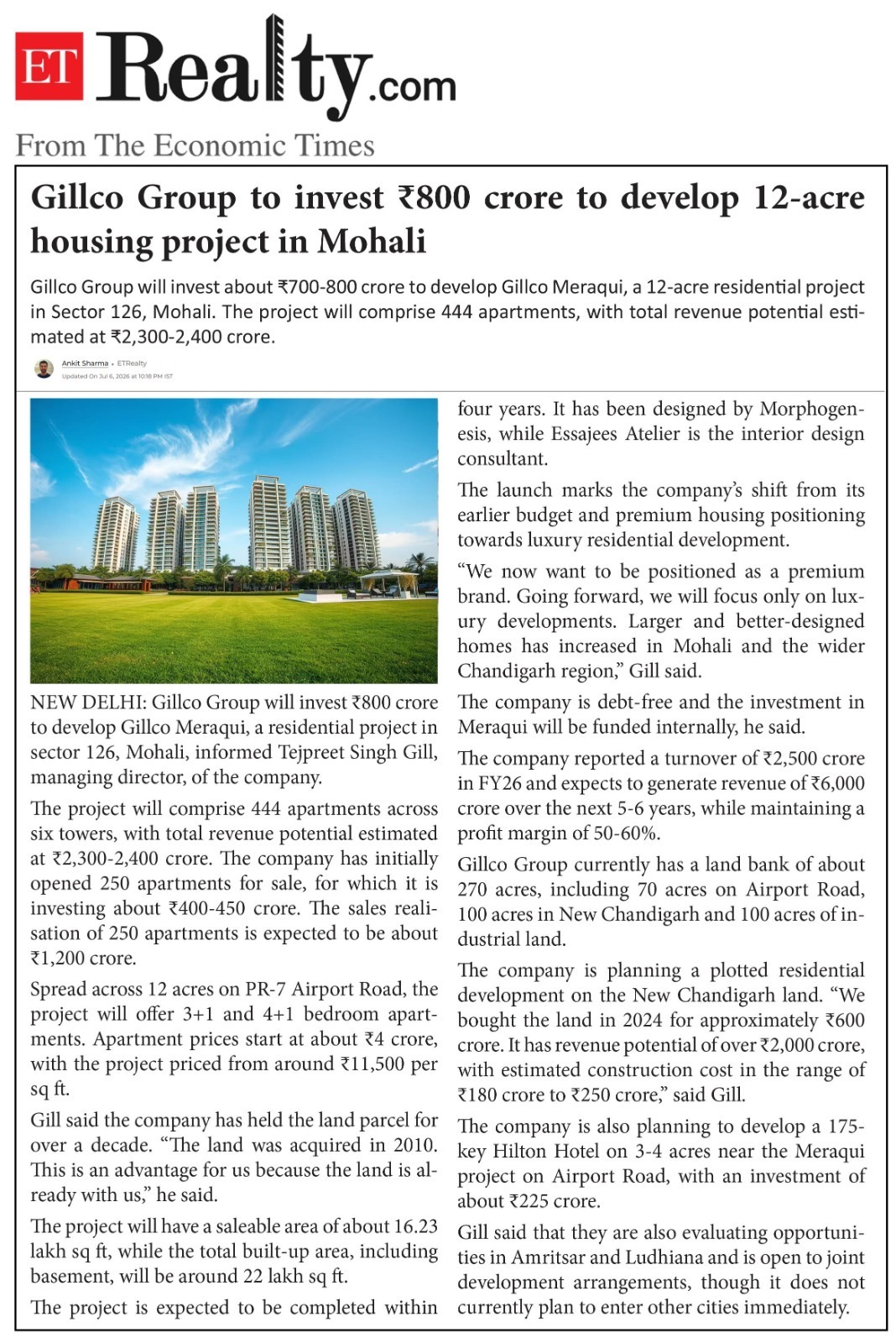 Gillco Group to invest ₹800 crore to develop 12-acre housing project in Mohali
